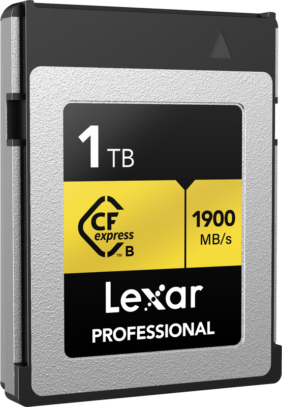 800q-03_121389 Lexar CFexpress Pro Gold R1900/W1500 1TB -muistikortti on hopean ja mustan värinen, keltaisilla korostuksilla varustettu ja tarjoaa jopa 1900 MB/s lukunopeuden.