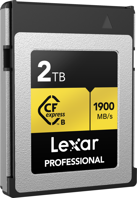 800q-03_121390 Lexar CFexpress Pro Gold R1900/W1500 2TB -muistikortti tarjoaa 2TB:n kapasiteetin ja jopa 1900MB/s lukunopeuden, ja siinä on ammattimainen hopean ja mustan värinen muotoilu keltaisella merkinnällä.