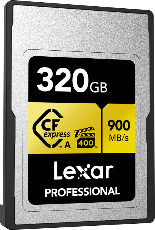 800q-03_121391 Lexar CFexpress Pro Gold Type-A 320 Gt:n muistikortti (R900/W800, VPG400), jossa on hopea-musta muotoilu ja keltaiset korostukset.