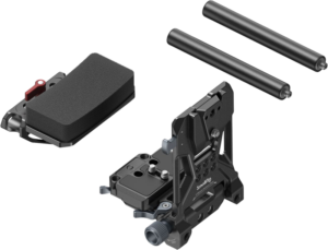 800q-03_123651 SmallRig 4063 V-Mount Battery Mount Plate Kit (Advanced) sisältää pehmustetun olkatyynyn, kaksi metallitankoa ja säädettävän mustan pohjalevyn kamerarigille.