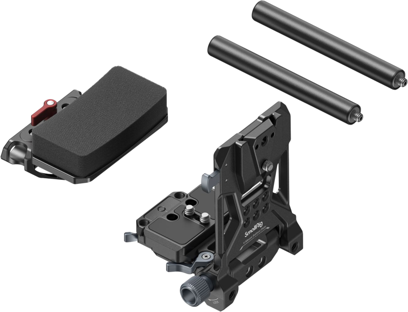 800q-03_123651 SmallRig 4063 V-Mount Battery Mount Plate Kit (Advanced) sisältää pehmustetun olkatyynyn, kaksi metallitankoa ja säädettävän mustan pohjalevyn kamerarigille.