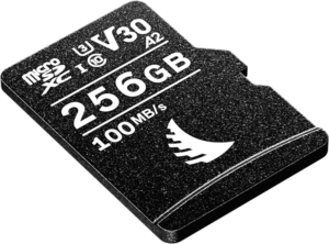 ANGELBIRD microSD AV PRO (V30) 256GB on microSDXC-kortti, jossa on merkintä V30, A2, 100 MB/s ja jossa on musta pinta valkoisella tekstillä.