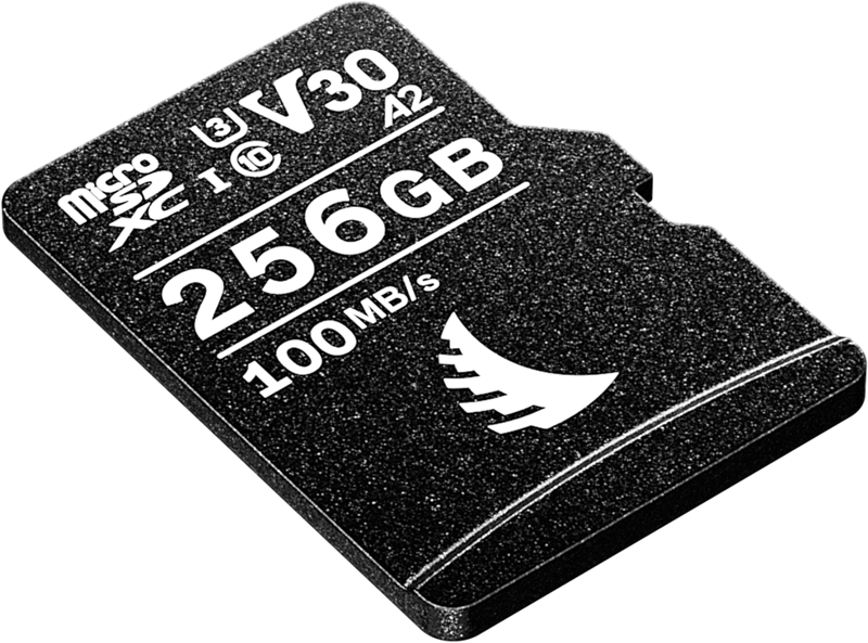 ANGELBIRD microSD AV PRO (V30) 256GB on microSDXC-kortti, jossa on merkintä V30, A2, 100 MB/s ja jossa on musta pinta valkoisella tekstillä.