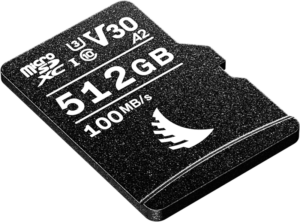 ANGELBIRD microSD AV PRO (V30) 512 Gt:n muistikortti, jonka nopeus on 100 Mt/s ja suorituskykyluokitukset V30, A2 ja U3, näkyy valkoisella pohjalla.