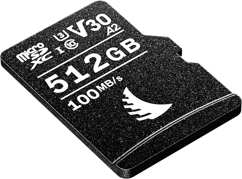 ANGELBIRD microSD AV PRO (V30) 512 Gt:n muistikortti, jonka nopeus on 100 Mt/s ja suorituskykyluokitukset V30, A2 ja U3, näkyy valkoisella pohjalla.