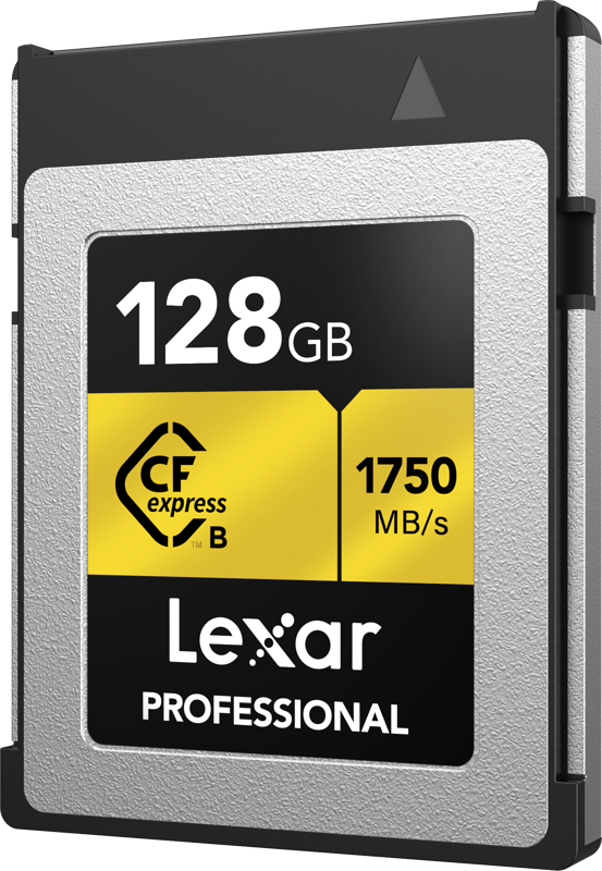 800q-03_123955 Lexar CFexpress Pro Gold R1900/W1500 128GB -muistikortti on hopean ja mustan muotoilu keltaisilla korostuksilla, siinä on "128GB" -merkintä ja se tarjoaa jopa 1900 MB/s luku- ja 1500 MB/s kirjoitusnopeuden. Tuotemerkintä näkyy etupuolella.