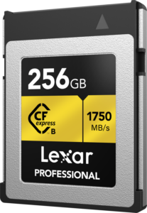 800q-03_123956 Lexar CFexpress Pro Gold R1750/W1500 256GB -muistikortti tarjoaa 256 Gt:n kapasiteetin ja 1750 MB/s lukunopeuden, ja siinä on tyylikäs hopeanmusta muotoilu kultaisilla korostuksilla.