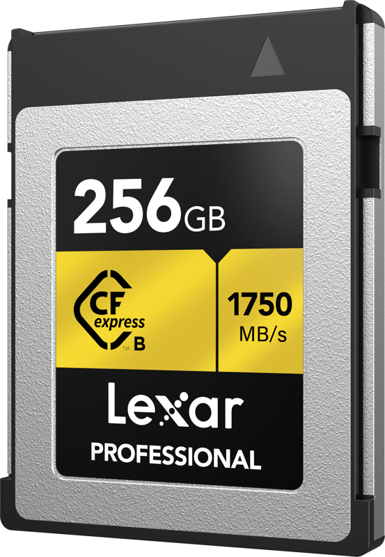 800q-03_123956 Lexar CFexpress Pro Gold R1750/W1500 256GB -muistikortti tarjoaa 256 Gt:n kapasiteetin ja 1750 MB/s lukunopeuden, ja siinä on tyylikäs hopeanmusta muotoilu kultaisilla korostuksilla.