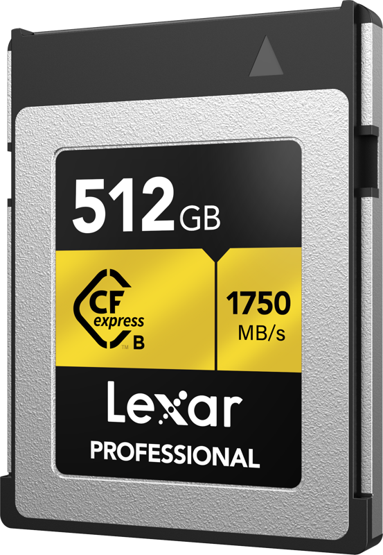 800q-03_123957 Lexar CFexpress Pro Gold R1900/W1500 512GB -muistikortti tarjoaa 512 Gt:n kapasiteetin ja jopa 1750 MB/s lukunopeuden, ja siinä on hopean ja mustan värinen muotoilu keltaisilla korostuksilla.
