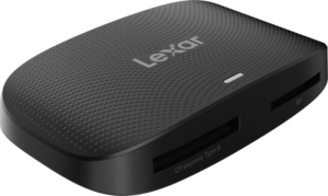 800q-03_124105 The Lexar Cardreader CFExpress Type B/SD UHS-II USB 3.2 Gen2 Reader memory card reader is black with a textured surface, two card slots marked CFexpress Type B and SD on the side, and the Lexar logo printed on the top.