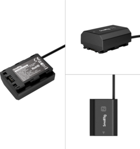 800q-03_124828 The collage shows three views of the SmallRig 4269 Dummy Battery with Power Adapter (EU) NP-FZ100, a rectangular black adapter with cable, with product information, connection points and the SmallRig logo.