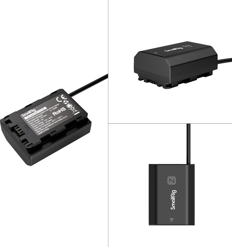 800q-03_124828 The collage shows three views of the SmallRig 4269 Dummy Battery with Power Adapter (EU) NP-FZ100, a rectangular black adapter with cable, with product information, connection points and the SmallRig logo.