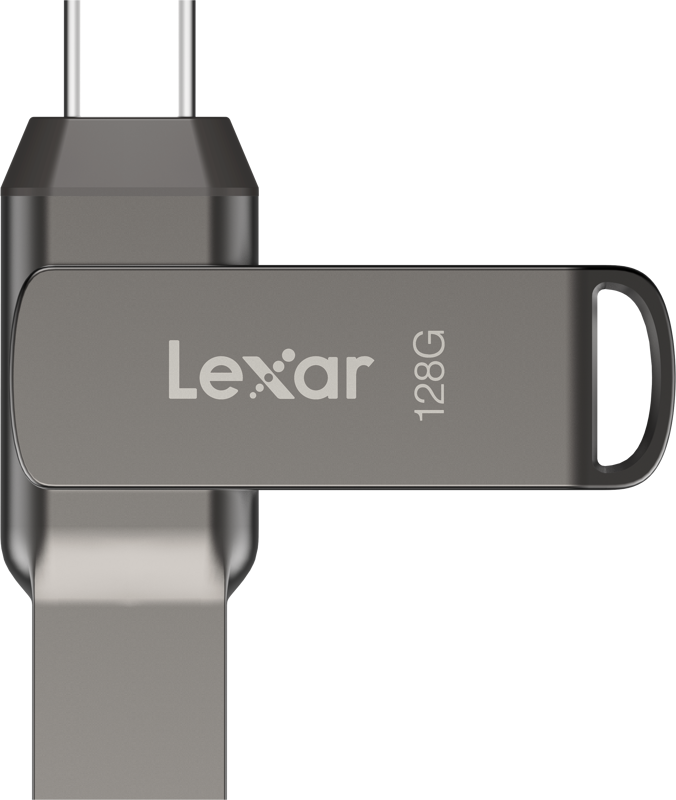 800q-03_125016 Close-up of the Lexar Jumpdrive Dual Drive D400 Type-C / Type-C & Type-A 128GB USB flash drive with Lexar logo and storage capacity on the flip cover.