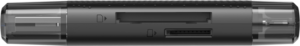 Lexar LRW310U Cardreader Dual Slot USB-A/C on musta, sylinterinmuotoinen laite, jossa on SD- ja microSD-korttipaikat keskellä ja läpinäkyvät korkit molemmissa päissä.