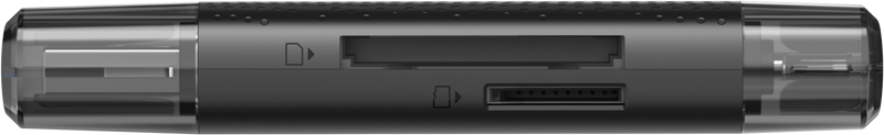 Lexar LRW310U Cardreader Dual Slot USB-A/C on musta, sylinterinmuotoinen laite, jossa on SD- ja microSD-korttipaikat keskellä ja läpinäkyvät korkit molemmissa päissä.