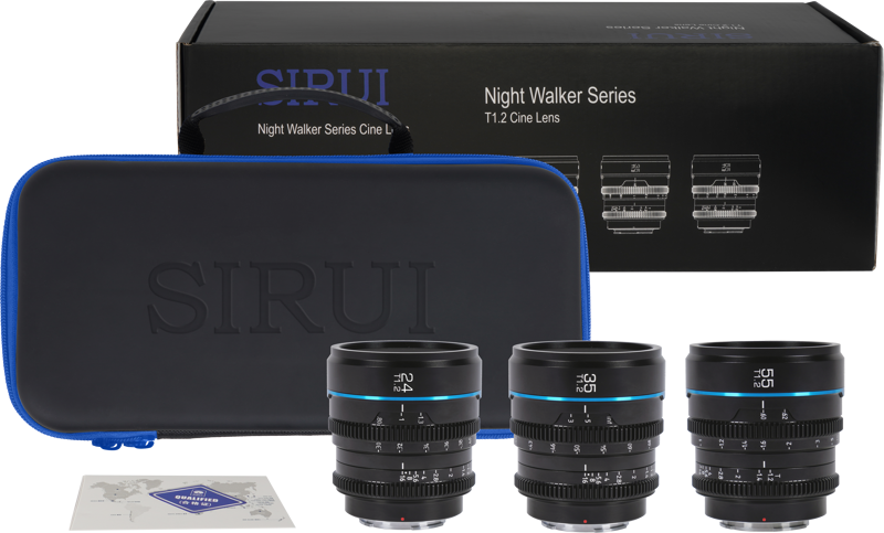 800q-03_125088 Sirui Cine Lens Nightwalker S35 Kit 24/35/55mm T1.2 E-Mount - Black on esitetty kolmen objektiivin kanssa mustan kantolaukun ja tuotepakkauksen edessä, jossa on objektiivien kaaviot sekä takuukortti objektiivien vieressä.