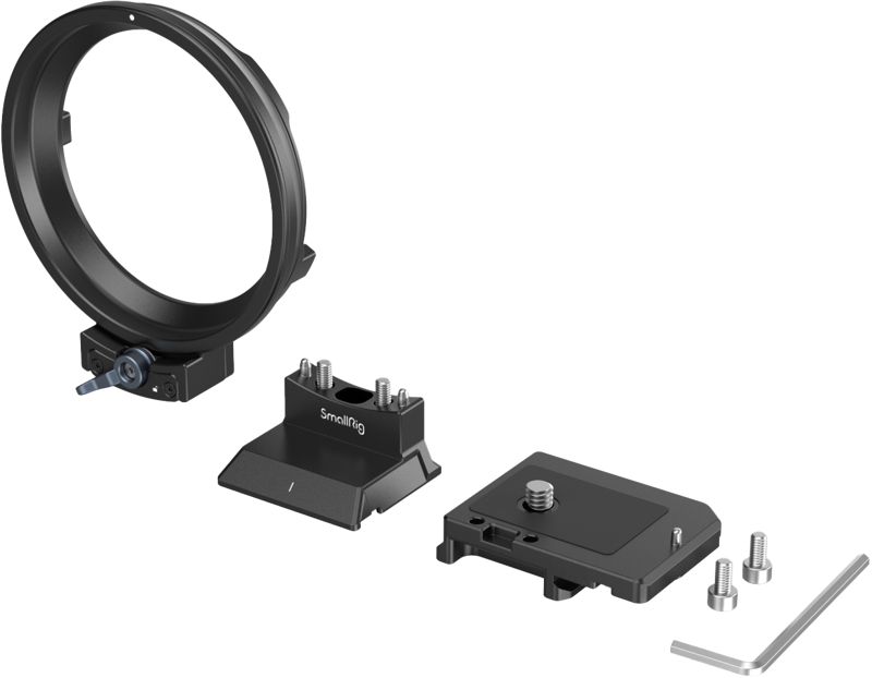 800q-03_125264 SmallRig 4300 Rotatable Horizontal to Vertical Mount Plate Kit for Canon EOS R -sarjan kameroille on kuvattu purettuna, sisältäen objektiivin tukirenkaan, kiinnitysalustan, jossa on merkintä "SmallRig", levyn, ruuvit ja kuusiokoloavaimen vaalealla pohjalla.