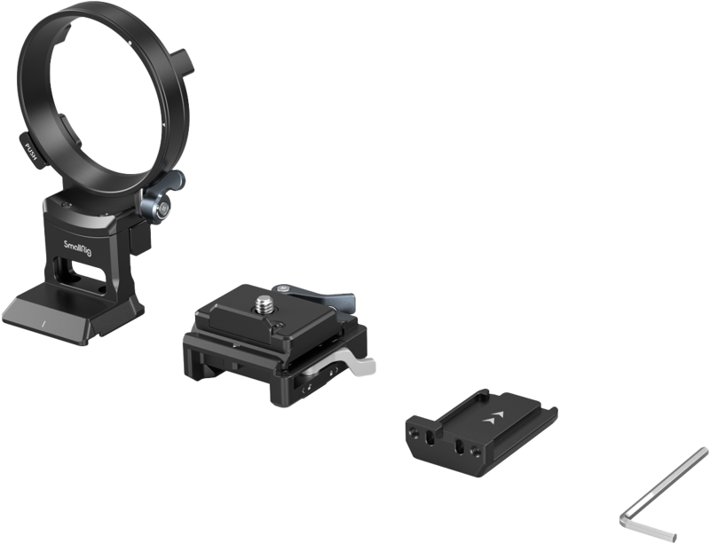800q-03_125265 SmallRig 4244 Rotatable Horizontal-to-Vertical Mount Plate Kit for Sony A1/A7/A9/FX Cameras -kiinnityslevysarja Sony A1/A7/A9/FX -kameroille on esitetty purettuna, ja siinä on musta kiinnitysrengas, pikakiinnityslevy, metallinen sovitin ja L-muotoinen kuusiokoloavain vaalealla pohjalla.