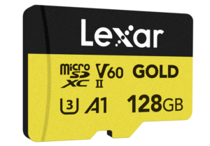 800q-03_126304 Lexar microSDXC GOLD UHS-II/C10/A1/U3 R280/W100 (V60) 128 Gt:n muistikortissa on keltainen ja musta muotoilu, ja se tarjoaa nopeaa ja luotettavaa tallennusta.