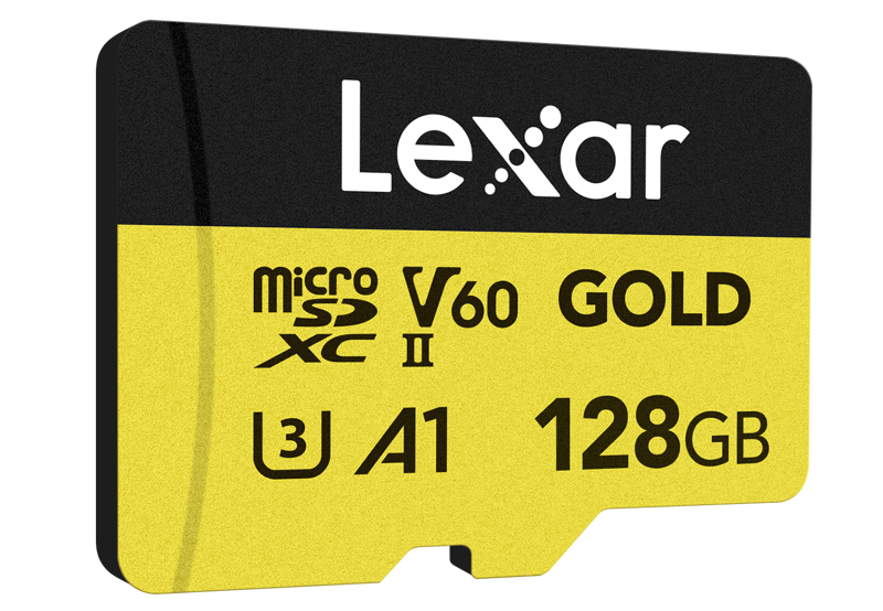 800q-03_126304 Lexar microSDXC GOLD UHS-II/C10/A1/U3 R280/W100 (V60) 128 Gt:n muistikortissa on keltainen ja musta muotoilu, ja se tarjoaa nopeaa ja luotettavaa tallennusta.