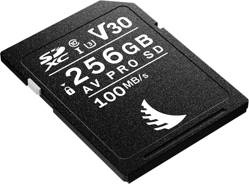 Musta ANGELBIRD SD AV PRO SDXC UHS-I R100/W92 (V30) 256 Gt:n muistikortti, jossa on valkoinen teksti, SD- ja nopeusluokan logot sekä 100 Mt/s-merkintä vaalealla pohjalla.