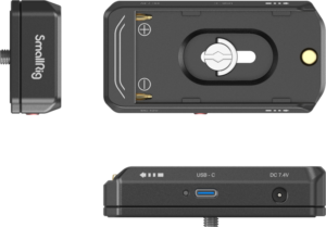 800q-03_126651 SmallRig 4341 NP-F-akkusovittimen kiinnityslevysarja ja NP-FZ100-akun virtakaapeli on kompakti musta kameran lisävaruste, jossa on USB-C-portti, 7,4 voltin DC-portti, kiinnityspaikka ja akun napaisuuden symbolit kolmesta eri kulmasta kuvattuna.