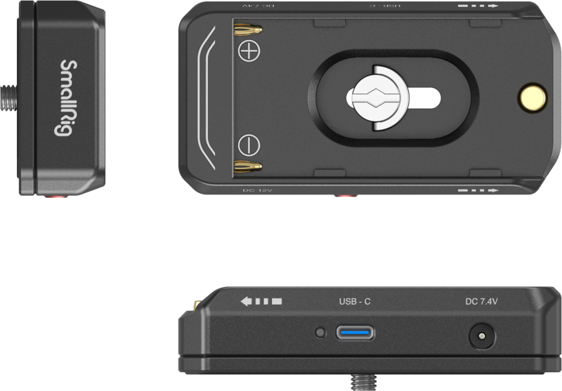 800q-03_126651 SmallRig 4341 NP-F-akkusovittimen kiinnityslevysarja ja NP-FZ100-akun virtakaapeli on kompakti musta kameran lisävaruste, jossa on USB-C-portti, 7,4 voltin DC-portti, kiinnityspaikka ja akun napaisuuden symbolit kolmesta eri kulmasta kuvattuna.