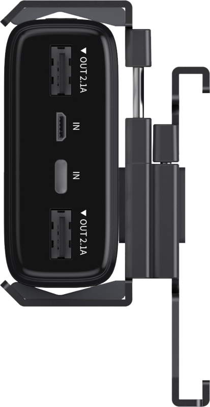 800q-03_127315 Lähikuva SmallRig 4318 Powerbank Clip for RC 60B -laitteesta, joka on musta elektroninen laite, jossa on kaksi USB-A-ulostuloa, joissa on merkintä "OUT 2.1A", mikro-USB-sisääntulo, jossa on merkintä "IN", ja joka on kiinnitetty mustaan muoviseen kiinnikkeeseen.