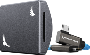 800q-03_127422 ANGELBIRD Kondor Blue SD Recording Module - Grey memory card reader, a metallic grey card reader with bird logos is displayed next to a braided blue Kondor Blue USB-C cable with magnetic connector.