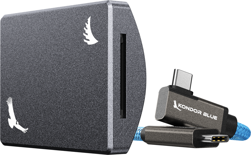 800q-03_127422 ANGELBIRD Kondor Blue SD Recording Module - Grey memory card reader, a metallic grey card reader with bird logos is displayed next to a braided blue Kondor Blue USB-C cable with magnetic connector.