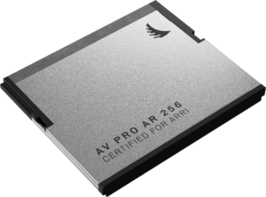 800q-03_127424 A close-up of the ANGELBIRD ARRI AV PRO AR CFast 2.0 256GB card shows its sleek, rectangular silver design with a minimalist logo in the top right corner and clear "256GB CERTIFIED FOR ARRI" lettering on the metallic surface.