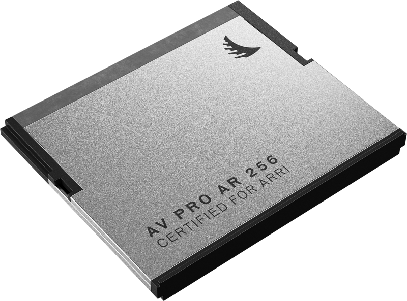 800q-03_127424 A close-up of the ANGELBIRD ARRI AV PRO AR CFast 2.0 256GB card shows its sleek, rectangular silver design with a minimalist logo in the top right corner and clear "256GB CERTIFIED FOR ARRI" lettering on the metallic surface.