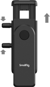 800q-03_127426 SmallRig 4369 Smartphone Vlog Tripod Kit VK-50 Advanced Version on musta kameran lisävaruste, jossa on painike, kaksi sivunuppia ja nuolet ylhäällä ja vasemmalla, jotka osoittavat säädettävät tai pidennettävät osat.