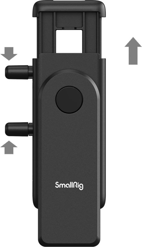 800q-03_127426 SmallRig 4369 Smartphone Vlog Tripod Kit VK-50 Advanced Version on musta kameran lisävaruste, jossa on painike, kaksi sivunuppia ja nuolet ylhäällä ja vasemmalla, jotka osoittavat säädettävät tai pidennettävät osat.
