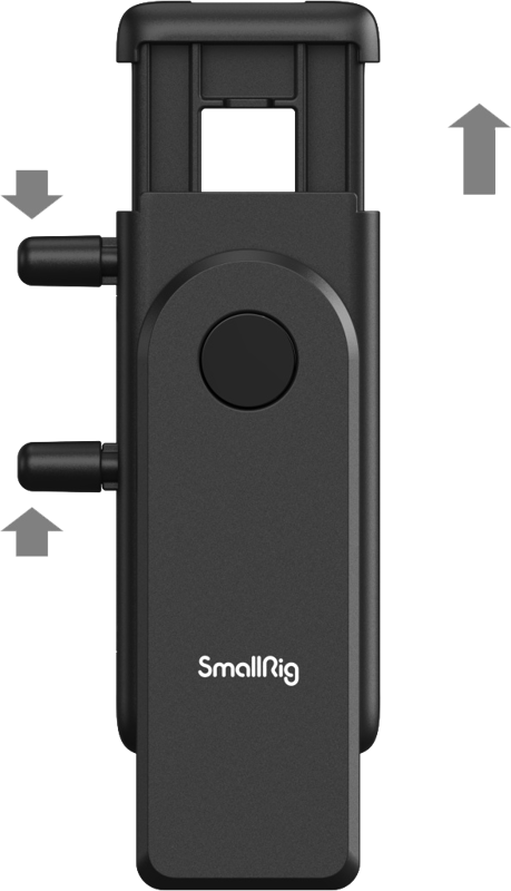 800q-03_127428 SmallRig 4366 Easy Loading & Fast Switch -älypuhelinpidike on musta laite, jossa on painike ja kaksi sivunuppia. Sen yläosa liukuu ylöspäin, kuten ylös ja vasemmalle osoittavat harmaat nuolet osoittavat.