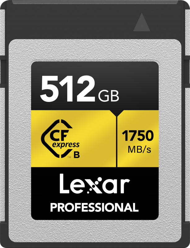 800q-04_112654 Lexar CFexpress Pro Gold R1750/W1000 512GB -muistikortin kapasiteetti on 512 Gt, lukunopeus jopa 1750 MB/s, ja se on harmaan ja mustan värinen, ja siinä on keltainen ja valkoinen merkintä.