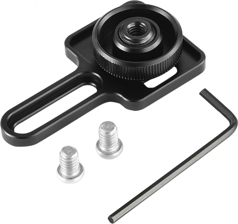 800q-04_113194 SmallRig 2241 Hot Shoe Lock for Sony A7RIII/A7III/A7II/A7RII/A7SII/A9, mustaa metallia, on kuvassa nuppi, kaksi hopeaa ruuvia ja L-muotoinen kuusiokoloavain valkoisella pohjalla.