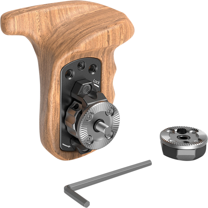 800q-04_114058 SmallRig 2757 Left Side Wooden Grip w. Arri Rosette, jossa on musta metallinen kiinnitysmekanismi, irrotettava hammaspyörä, kuusiokoloavain ja ylimääräinen metalliosa, näkyy valkoisella pohjalla.