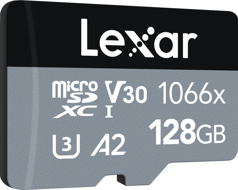800q-04_115320 Lexar microSDHC SILVER 1066x UHS-I/U1/A2 R160/W70 (V30) 128GB muistikortti, jonka tekniset tiedot näkyvät valkoisella tekstillä harmaalla ja mustalla pohjalla.