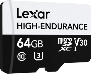 800q-04_115322 Lexar microSDXC High-Endurance UHS-I/U3/10 R100/W35 (V30) 64GB -muistikortti, näytetään mustavalkoisena.
