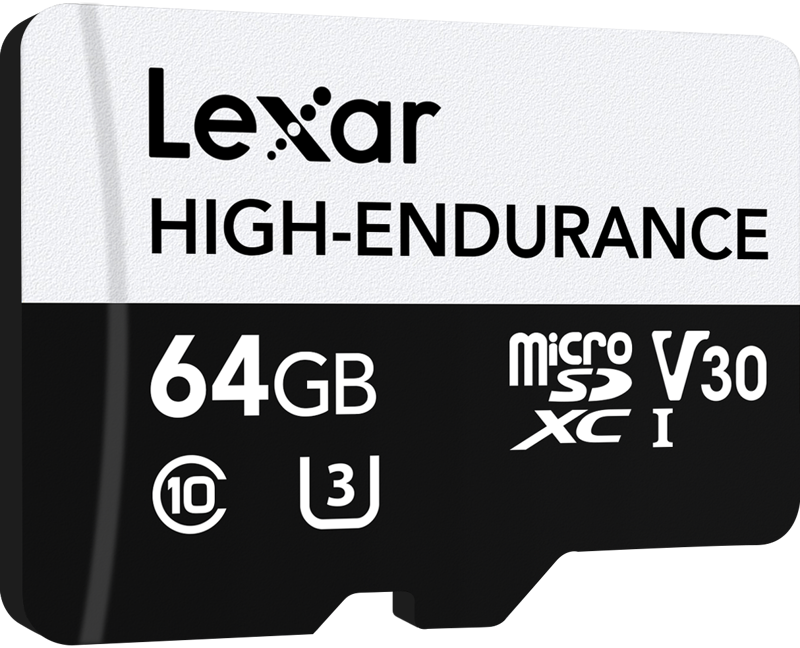 800q-04_115322 Lexar microSDXC High-Endurance UHS-I/U3/10 R100/W35 (V30) 64GB -muistikortti, näytetään mustavalkoisena.
