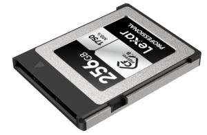 Lexar CFexpress Pro Silver Serie R1750/W1300 256GB -muistikortti, jonka kapasiteetti on 256 Gt ja lukunopeus 1750 MB/s, näkyy vinossa vaalealla taustalla.