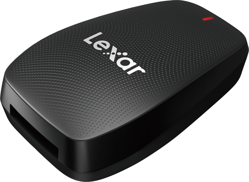 800q-04_116972 Musta Lexar LRW550U CFexpress Type B USB 3.2 -kortinlukija, jossa on kuvioitu pinta, valkoinen Lexar-brändi, pieni punainen merkkivalo ja näkyvä portti sivulla.