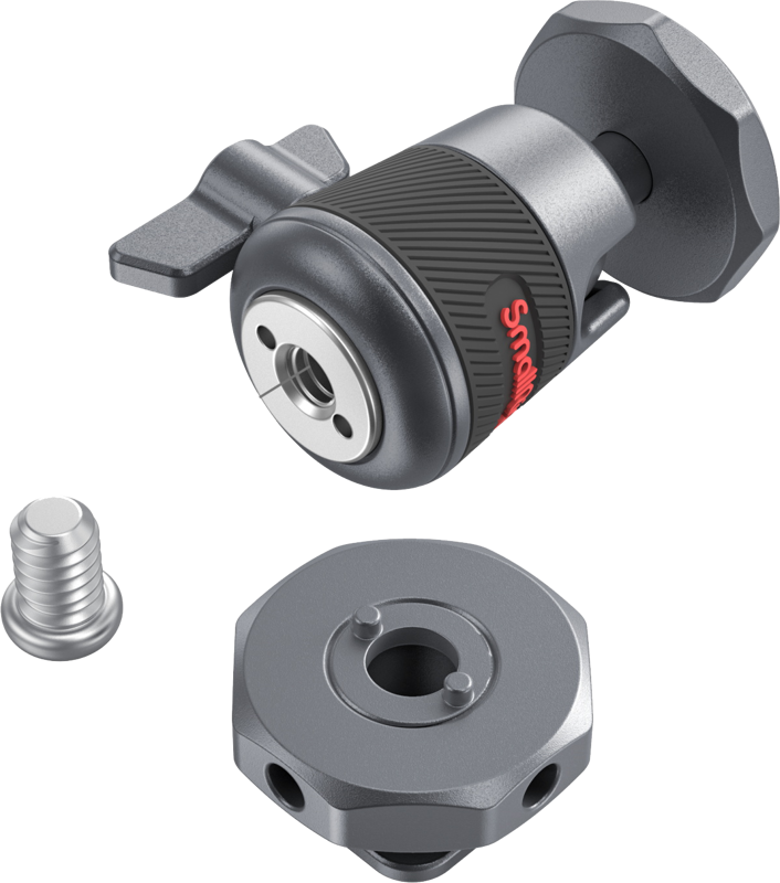 800q-04_117023 SmallRig 2948 Mini Ball Head with Removable Cold Shoe Mount (2kpl) -kuulapäässä on metallinen rakenne, kuvioitu musta kahva, siivekäs nuppi, ruuvi ja kuusikulmainen pohja, kaikki vaalealla pohjalla, jossa punainen SmallRig-logo näkyy.