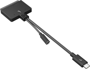 800q-04_117692 Musta ANGELBIRD Type-C to SATA -sovitin, jossa on USB-C-liitin ja muita portteja, jotka on yhdistetty lyhyillä kaapeleilla suorakulmaiseen runkoon, jossa on ANGELBIRD-logo.