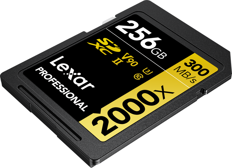 800q-04_118772 Lexar Pro 2000X SDHC/SDXC UHS-II U3 (V90) R300/W260 256GB -muistikortti näkyy valkoisella pohjalla.