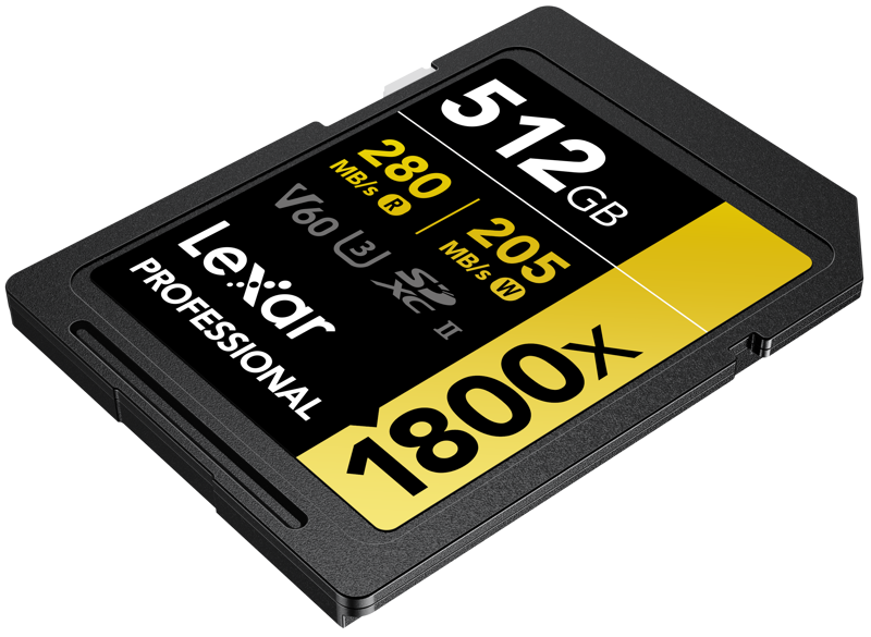800q-04_120867 Lexar Pro 1800x SDXC U3 (V60) UHS-II R280/W210 512GB -muistikortti tarjoaa 512 Gt tallennustilaa, jopa 280 MB/s lukunopeutta ja 210 MB/s kirjoitusnopeutta, ja siinä on merkintä V60, U3, SDXC II, jossa on keltaisella lihavoitu teksti "1800x".