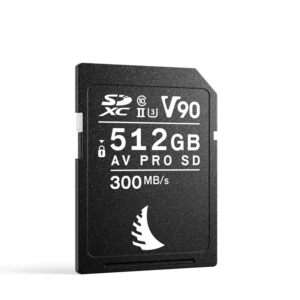 800q-04_121068 ANGELBIRD 512GB AV Pro Mk 2 V90 UHS-II SDXC-muistikortti, jonka etupuolella on merkintä V90, SDXC, SDXC, UHS-II, U3 ja 300 MB/s ja valkoinen logo ja teksti, näkyy tavallisella valkoisella pohjalla.