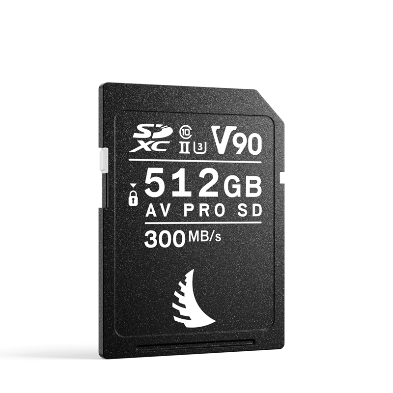 800q-04_121068 ANGELBIRD 512GB AV Pro Mk 2 V90 UHS-II SDXC-muistikortti, jonka etupuolella on merkintä V90, SDXC, SDXC, UHS-II, U3 ja 300 MB/s ja valkoinen logo ja teksti, näkyy tavallisella valkoisella pohjalla.