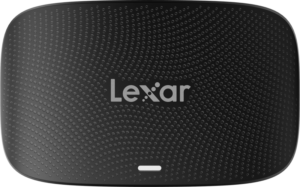 800q-04_124105 Black Lexar Cardreader CFExpress Type B/SD UHS-II USB 3.2 Gen2 reader with a textured dotted pattern, rounded edges, Lexar logo in the middle and a small white indicator light near the bottom.